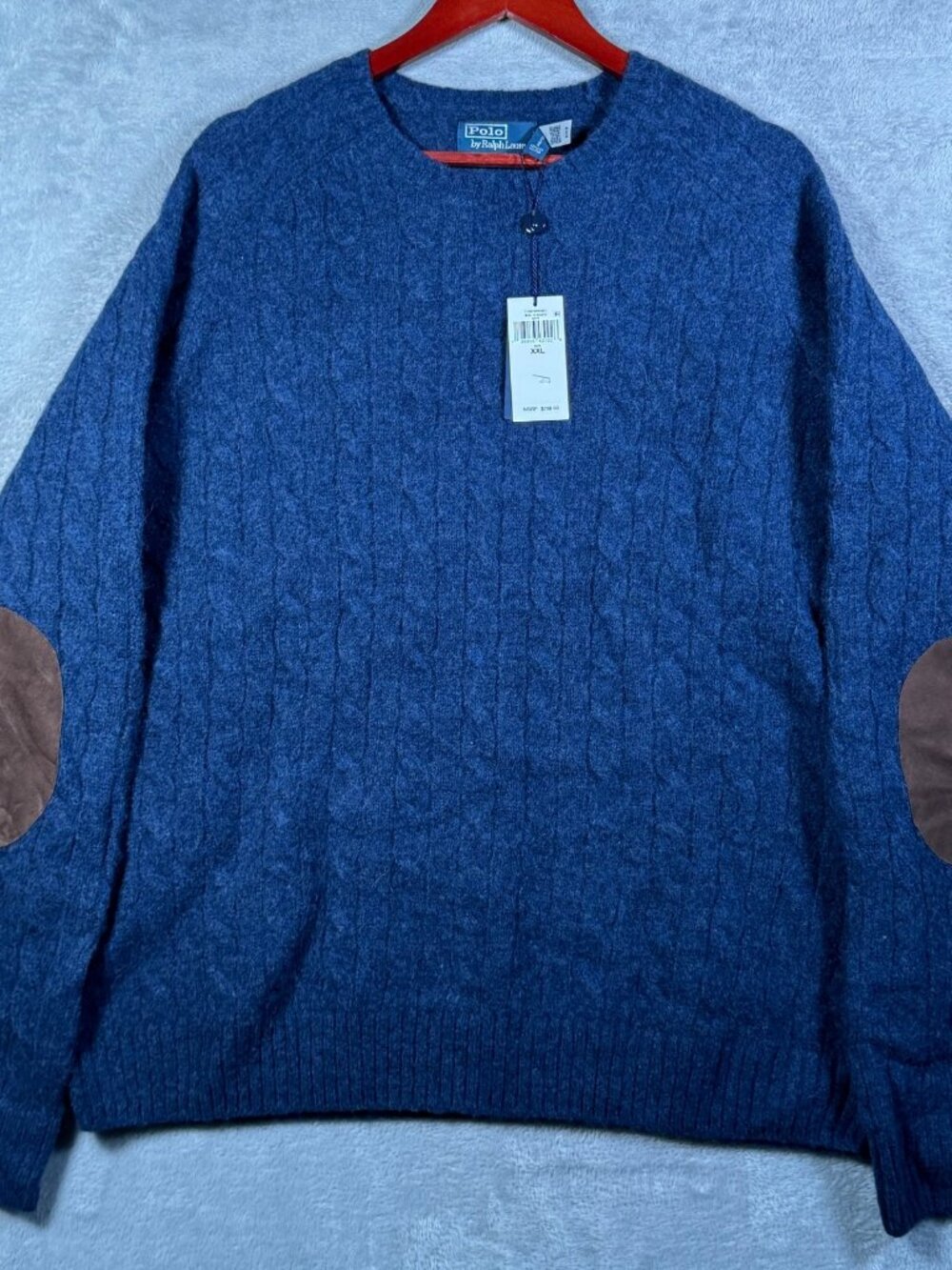 Polo Ralph Lauren Sweater Mens XXL Blue Cable Knit Wool Alpaca Elbow Patch $298